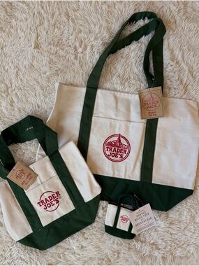 Trader Joe's Canvas Bag in Cream and Dark Green. 3 sizes: Tote, Mini & micro